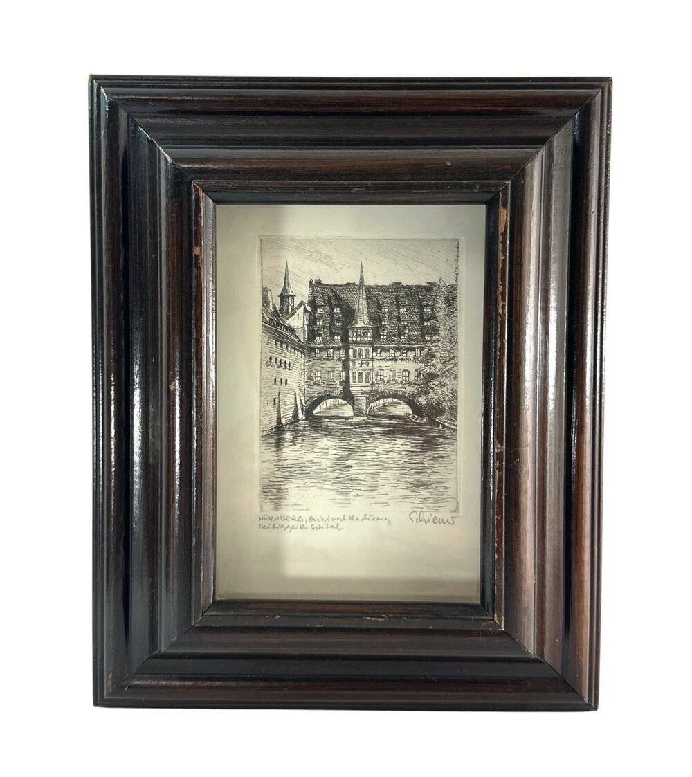 Vintage Heilig Geist Spital Nuremberg Germany Signed Etching Framed Art